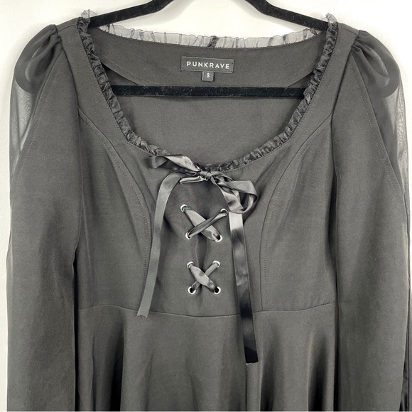Punk Rave NEW Sexy Goth Long Sleeve Lace-Up A-Line Dress Black Square Neck Small - Picture 8 of 16